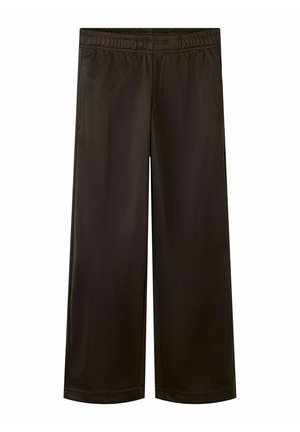 Pantaloni marrone scuro a gamba larga con vita elastica e tasche laterali, mostrati su sfondo bianco.