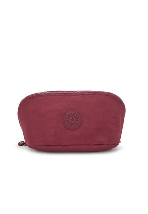 Bordeauxfarvet kosmetikpung lavet af blødt stof, med lynlåslukning, rund design, der har et rundt logo-emblem på forsiden.