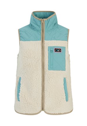 Fleec Vest met een turquoise bovenkant en een crèmekleurige onderkant, voorzien van een ritszak en zijsplitten, omzoomd met beige rand. Gewatteerd ontwerp aan de bovenkant.