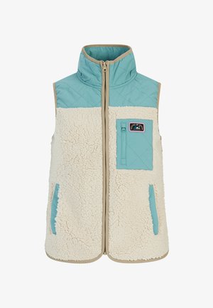 Fleec Vest met een turquoise bovenkant en een crèmekleurige onderkant, voorzien van een ritszak en zijsplitten, omzoomd met beige rand. Gewatteerd ontwerp aan de bovenkant.