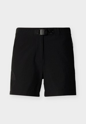 Zwarte midlänge korte broek met ingebouwde verstelbare riem en zakken met rits op een witte achtergrond.