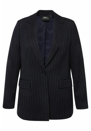 Marineblauer, gestreifter Blazer aus einem glatttexturierten Stoff, mit einem Reverskragen, zwei vorderen Taschen und einem Einzelknopfverschluss.