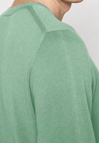 Dzianinowy sweter w delikatnym miętowym kolorze z fakturowanej tkaniny. Posiada rękawy typu raglan oraz zaokrąglony dekolt. Czysty, minimalistyczny design.