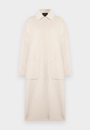 Cappotto in lana beige con colletto, chiusura frontale con bottoni, due tasche grandi e maniche a lunghezza gomito. Silhouette semplice e dritta.