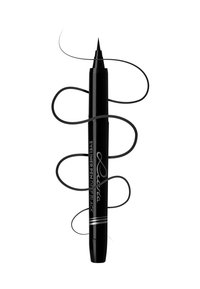 Black liquid eyeliner pen with a fine pointed tip, creating a flowing, curving black line against a white background.