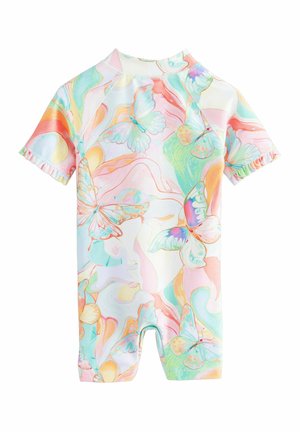 Krátký rukáv, barevný rash guard s motivem motýla a abstraktním vzorem. Vyrobeno z lehkého, elastického materiálu s vysokým límečkem a volánkovými okraji.