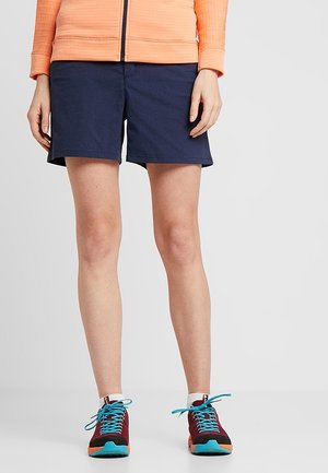 Person iført navy shorts, en orange lynlåsjakke og vinrøde løbesko med blå snørebånd, stående på en neutral baggrund.