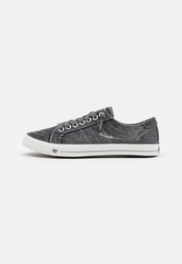 Gray canvas sneakers with white rubber sole, featuring gray laces, stitching details, and a logo on the side. Low-top design.