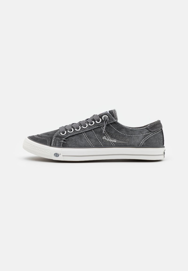 Gray canvas sneakers with white rubber sole, featuring gray laces, stitching details, and a logo on the side. Low-top design.