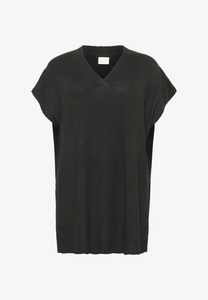 Fekete kötött pulóver, V-nyakkal, rövid ujjú pántokkal és laza fazonnal. Ribbelt aljjal rendelkezik, ami plusz textúrát és részletességet ad.