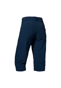 Pantalones cortos azul marino hasta la rodilla, hechos de tela resistente, con un bolsillo con cremallera y dos bolsillos traseros, con un diseño de cintura ajustada.
