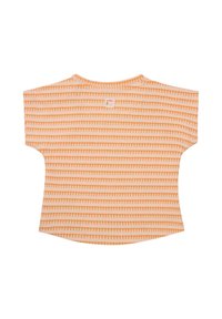 Gestreepte korte mouwen top met oranje en witte lijnen, ronde halslijn en een klein logo label aan de achterkant. Zachte stof met een ontspannen pasvorm.