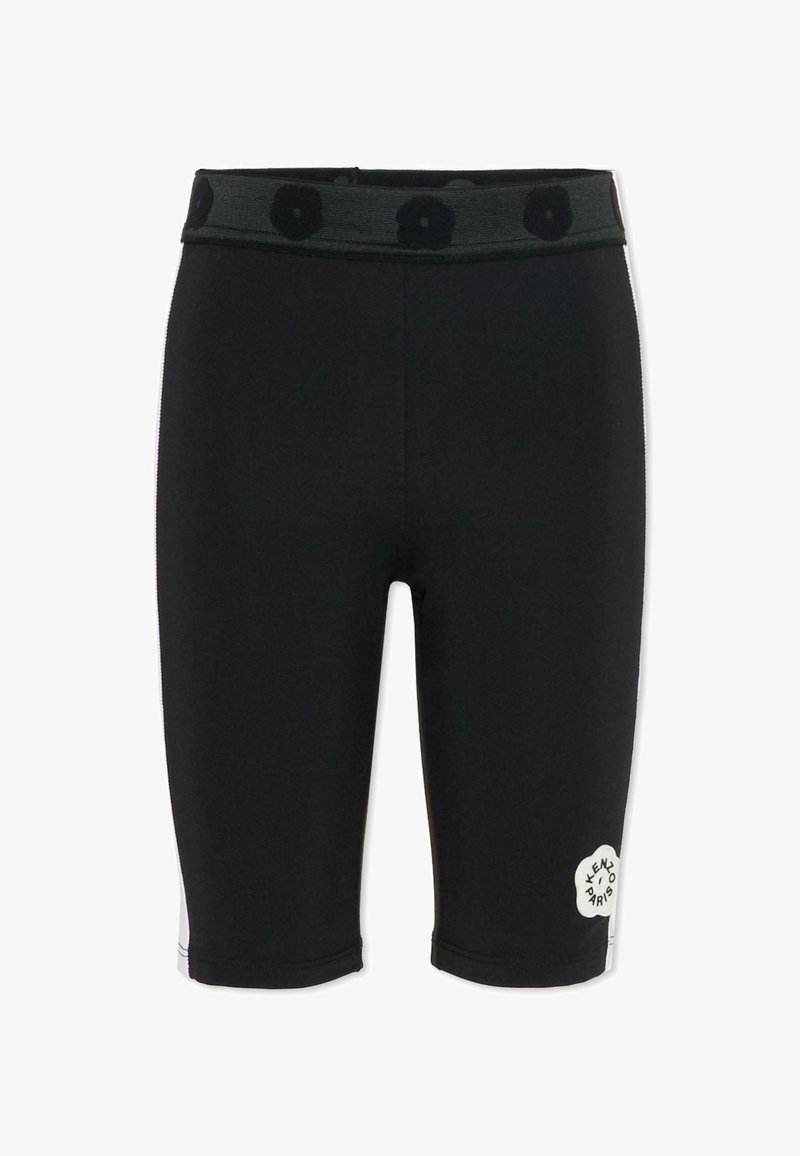 Shorts de vélo noirs avec une ceinture élastique à motif. Comprend un patch logo blanc sur le côté inférieur et des coutures contrastantes le long des coutures.