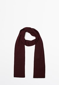 Dark burgundy ribbed knit scarf folded in a loose loop, displayed on a plain white background.