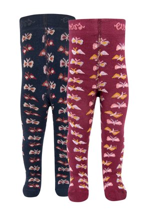 Two pairs of children's tights, one navy and one burgundy, both featuring a patterned butterfly design.