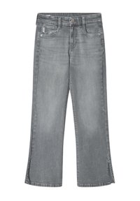 Jeans de mezclilla gris con un diseño de pierna ancha, que cuentan con una ligera abertura en el dobladillo, bolsillos frontales y un cierre de botón sencillo.