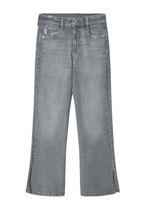 Grå denimjeans med en vida design, som har en lätt slits i fållen, framfickor och en enkel knappstängning.