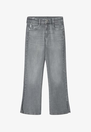 Jeans in denim grigio con un design a gamba larga, caratterizzati da una leggera apertura all'orlo, tasche frontali e una chiusura con un solo bottone.