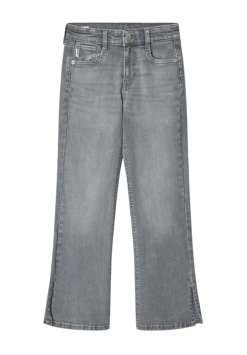 Jeans de mezclilla gris con un diseño de pierna ancha, que cuentan con una ligera abertura en el dobladillo, bolsillos frontales y un cierre de botón sencillo.