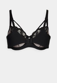 Black lingerie bra with sheer lace detailing, adjustable straps, and a hook-and-eye closure at the back. Smooth fabric and geometric patterns.