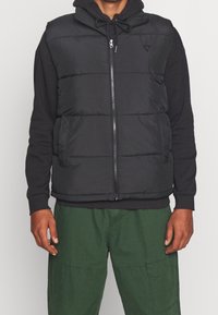 Schwarze Steppweste mit Frontreißverschluss, hohem Kragen und Seitentaschen, getragen über einem schwarzen Kapuzenpullover und grünen Cargohosen.