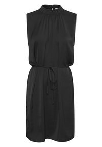 Svart ärmlös klänning i mjukt tyg, med hög hals, samlad detaljering och ett knytbälte i midjan för justerbar passform.