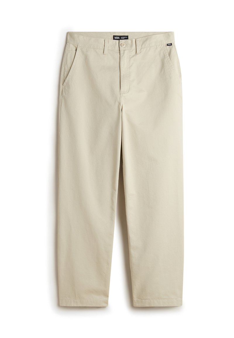 Pantaloni in cotone beige con una vestibilità rilassata, dotati di due tasche laterali, chiusura frontale con bottone e una texture sottile.