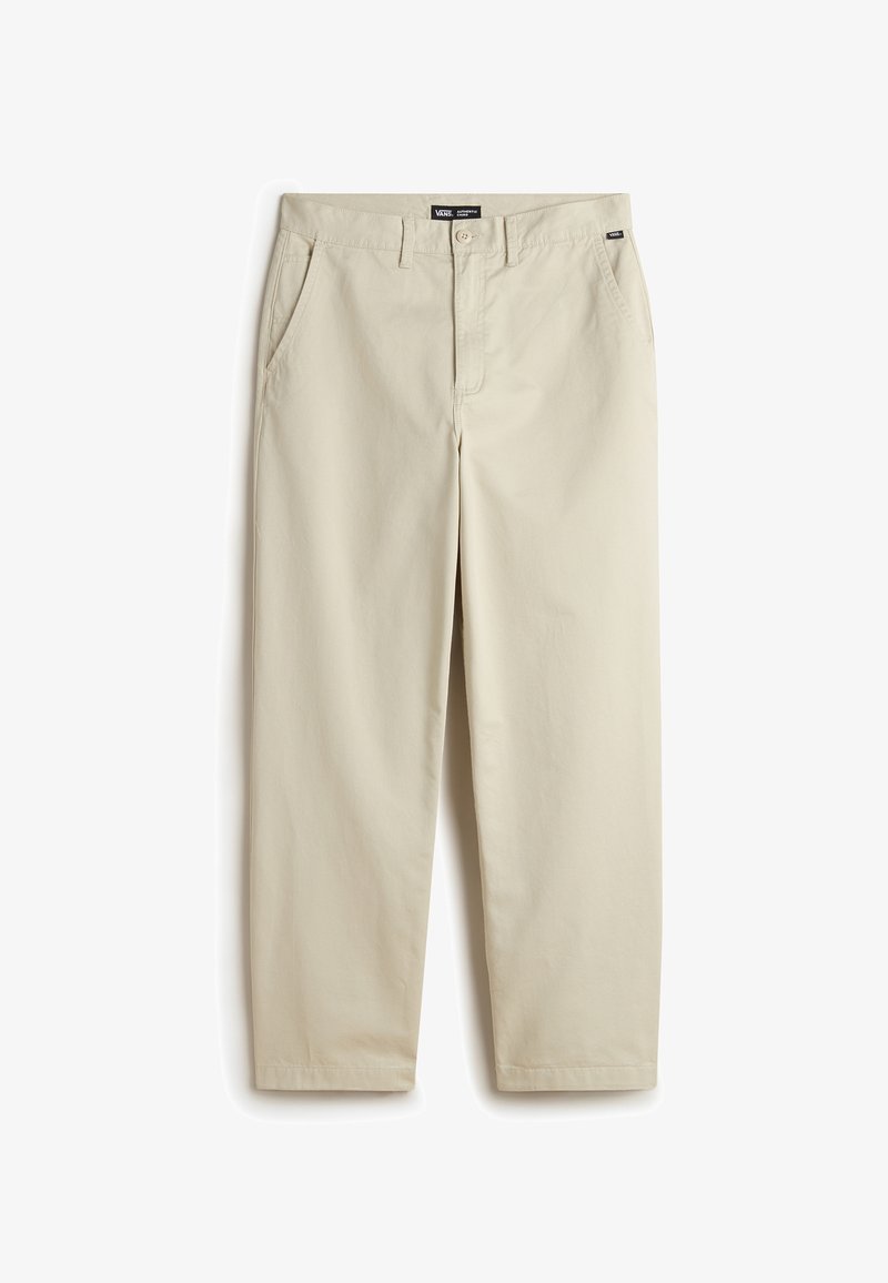 Beige katoenen broeken met een relaxte pasvorm, voorzien van twee zijzakken, een knoopsluiting aan de voorkant en een subtiele textuur.