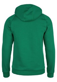 Zelená mikina s hladkým povrchem, kapucí, dlouhými rukávy a žebrovanými manžetami a lemem. Žádné viditelné vzory nebo kovové detaily.