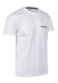T-shirt in cotone bianco con collo rotondo e maniche corte. Piccolo logo nero sulla parte sinistra del petto. Tessuto liscio, vestibilità standard.