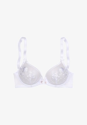 White bra with sheer cups featuring floral embroidery in light blue. Rose gold accents and soft, textured straps complete the design.