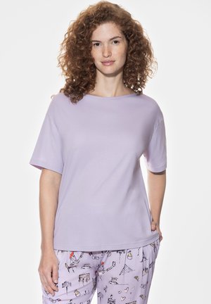 Light purple short-sleeve t-shirt with a round neckline, made of soft fabric, paired with patterned pajama pants featuring various illustrations.