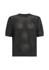 Sort strikket sweater med mesh-design, korte ærmer og rund halsudskæring. Har et struktureret mønster samt ribbede manchetter og kant.