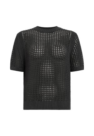 Maglione nero lavorato a maglia con design a rete, maniche corte e scollatura rotonda. Presenta un motivo testurizzato e polsini e orlo a costine.