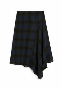 Jupe asymétrique en tartan noir et bleu foncé, fabriquée en tissu léger ; présente un design évasé avec un ourlet qui tombe de manière inégale.