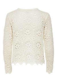 Häkelpullover in Cremefarbe mit offenem Spitzendesign, langen Ärmeln und gewelltem Saum, der die strukturierenden Details hervorhebt.