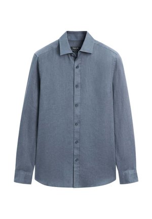 Chemise pour homme à manches longues, boutonnée, de couleur grise unie, avec un col classique et des poignets à boutons, présentée sur un fond blanc.