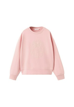 Sweat-shirt rose pâle à col rond avec manches longues, poignets et ourlet côtelés, présentant un design subtil en relief d'un palmier et de texte sur le devant.