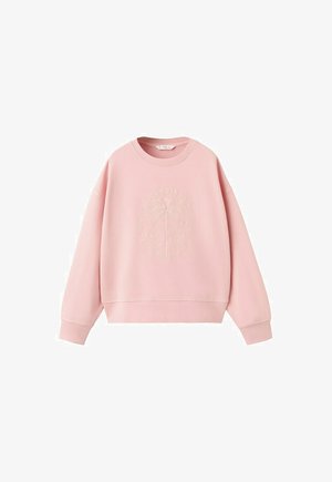 Light pink crewneck sweatshirt with long sleeves, ribbed cuffs and hem, featuring a subtle embossed palm tree and text design on the front.