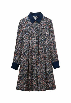 Blumenkleid mit dunkelblauem Grundton, einem Kragen, langen Ärmeln und einem gerafften Rock. Verziert mit kleinen rosa und blauen Blumenmustern.