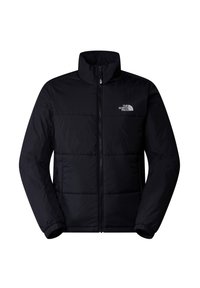 Chaqueta de plumas negra con un alto cuello, cierre de cremallera y puños elásticos. Presenta un sutil logo en el lado izquierdo del pecho y una textura acolchada.