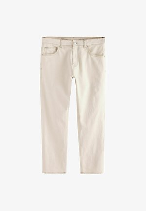 Hellbeige Slim-Fit-Jeans mit geradem Bein, fünf Taschen, Knopf- und Reißverschluss, sowie verstärkten Nähten an den Säumen.