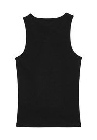 Top nero senza maniche realizzato in tessuto liscio, con un design aderente, scollatura rotonda e senza motivi o decorazioni.
