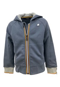 Felpa con cappuccio in tessuto grigio scuro con zip frontale completa, dettaglio a strisce a contrasto e fodera grigia. Presenta polsini e orlo a costine.