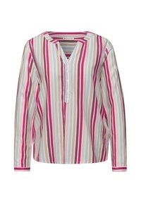Blouse à manches longues avec rayures verticales en rose, beige, bleu clair et blanc, dotée d'un col rond et d'une patte de boutonnage à quatre boutons.