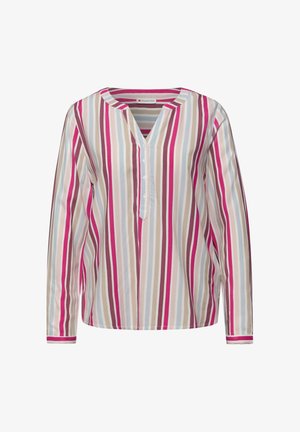 Blouse à manches longues avec rayures verticales en rose, beige, bleu clair et blanc, dotée d'un col rond et d'une patte de boutonnage à quatre boutons.