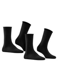 Black cotton socks, featuring a crew length with a smooth texture, ribbed cuffs, and reinforced toe and heel areas. Set of four pairs.