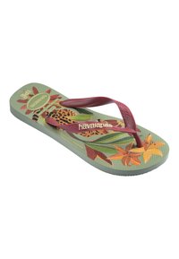 Infradito verde con cinturini rossi decorati con stampa floreale tropicale e animale, e logo "havaianas" sul cinturino.