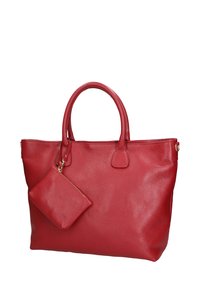 Rode leren tote bag met een textuurafwerking, voorzien van twee handvatten en een afneembare, met rits gesloten pouch. Geschat op een gemiddelde maat.