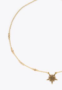 Collana in oro con un pendente a forma di stella decorativo, caratterizzato da dettagli intricati e accenti marroni. La catena presenta piccoli anelli circolari.